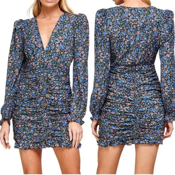 KOKO + MASON ​Floral Ruched Long Sleeve Mini Dress Sz S - Picture 2 of 11